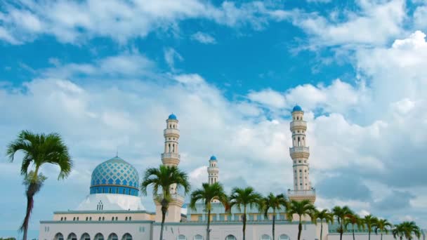 Línea de palmeras frente a la mezquita de Kota Kinabalu en Timelapse — Vídeos de Stock