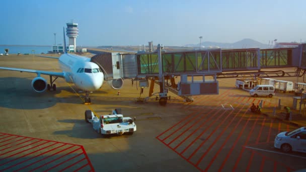 Pasajeros abordando su avión a través de una manga de acoplamiento — Vídeos de Stock