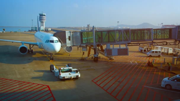 Passagers qui montent à bord de leur aéronef par un manchon d'amarrage — Video