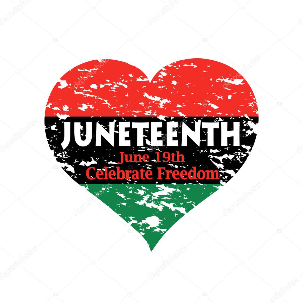 vector illustration of a grunge heart with Juneteenth flag inside.  Freedom Day, Jubilee Day, Liberation Day, Emancipation Day