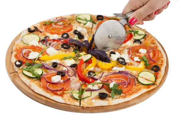 Beyaz izole pizza kesici — Stok fotoğraf