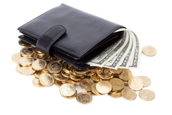 Black leather wallet with dollars and golden coins on white — Stock Photo, Image