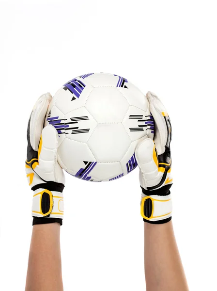 Soccer goalkeeper with ball in his hand on white background — Stock Photo, Image