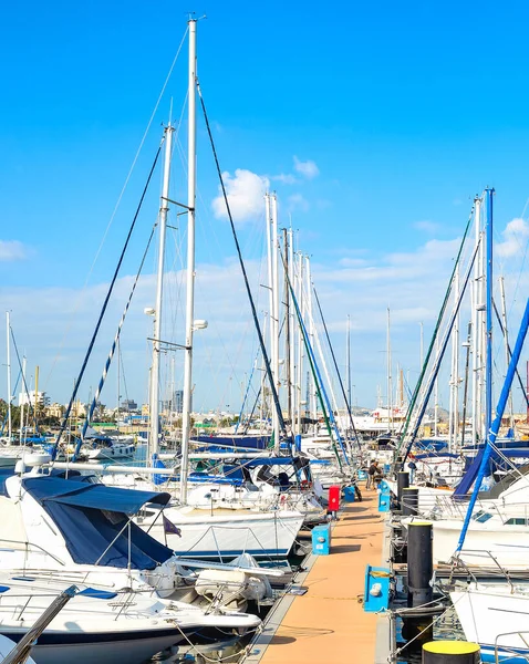 Vita Yachter Och Motorbåtar Förtöjda Piren Småbåtshamnen Hamn Starkt Solsken — Stockfoto