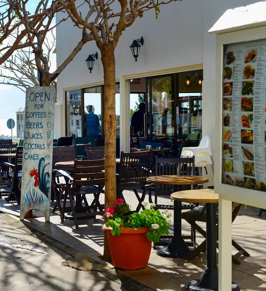 Paphos Cyrus Feb 2019 Leeg Straatrestaurant Met Uitzicht Zee Oude — Stockfoto