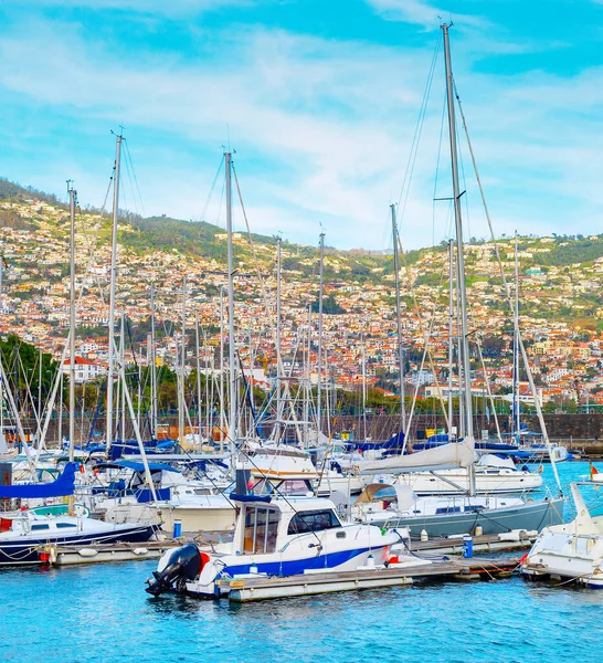 Marina Med Förtöjda Båtar Och Motorbåtar Kvällen Solljus Funchal Stadsbild — Stockfoto