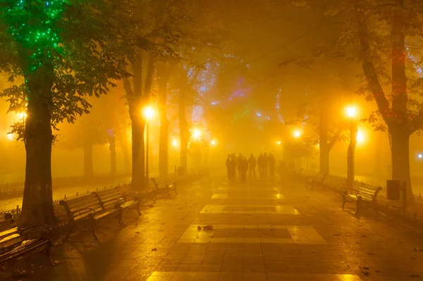 Yoğun Gece Sisinde Odessa Şehir Merkezi Park Yolunda Yürüyen Insanlar — Stok fotoğraf