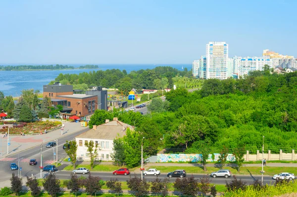 Vista Aerea Fiume Dnipro Auto Una Strada Moderni Condomini Cherkasy — Foto Stock