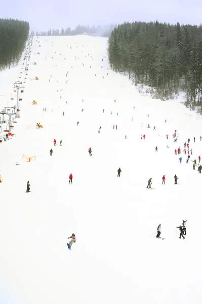 Esquiadores y snowboarders en una pista — Foto de Stock