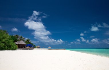 Maldivler 'de su bungalovları olan plaj