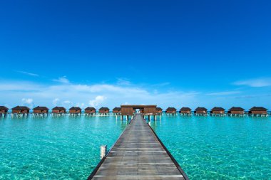 Maldivler 'de su bungalovları olan plaj