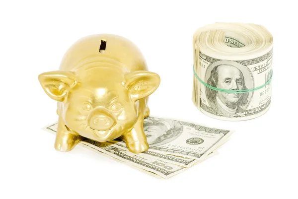 Banco porquinho e dinheiro — Fotografia de Stock
