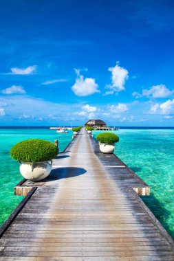 Maldives water bungalows resort at islands beach. Indian Ocean, Maldives. Beautiful sea landscape, luxury resort and  sky. Beach  under wonderful sky clipart