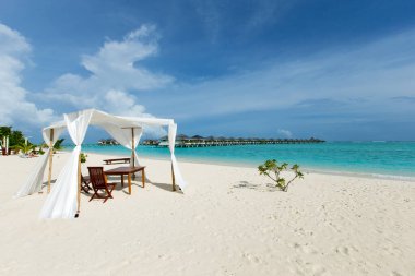 Beyaz kumlu sahili ve denizi olan tropik Maldivler adası