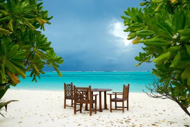 Beyaz kumlu sahili ve denizi olan tropik Maldivler adası