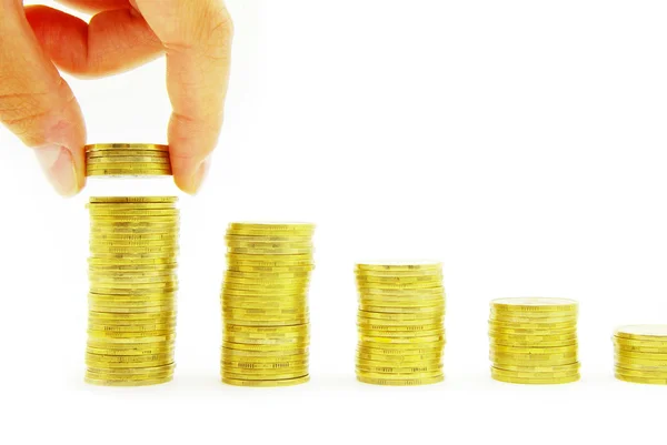 Hand put coin to money staircase — Stock Photo, Image