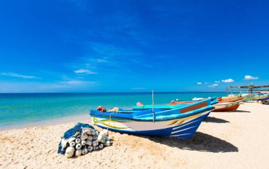 Plaj ve tropikal deniz. Okyanus kıyısında bir tekne ve ağ