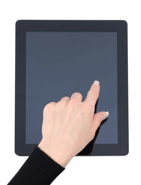 Hand holding a tablet and touching — Stock Photo, Image