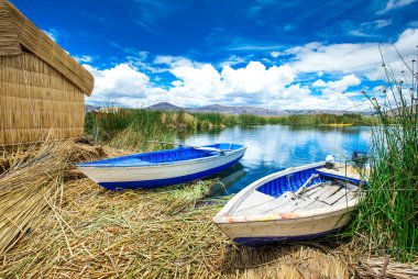 Boats on the shore of Titicaca lake clipart
