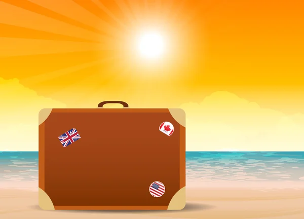 Brown suitcase on the beach — Stock Vector