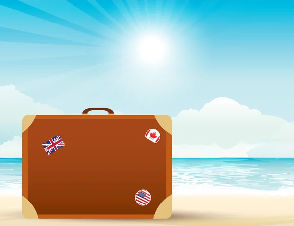 Brown suitcase on the beach — Stock Vector