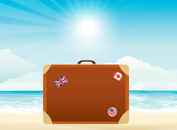 Brown suitcase on the beach — Stock Vector