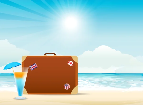 Brown suitcase on the beach — Stock Vector