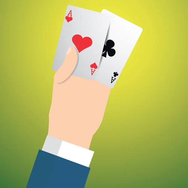 Two aces in hand on green — Stock Vector