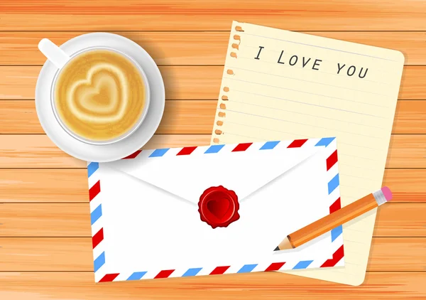 Cup of coffee and love letter — Stock Vector