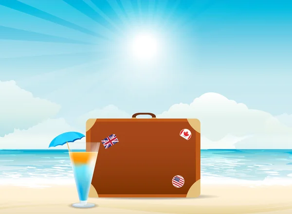 Коричневый чемодан на пляже Лицензионные Стоковые Иллюстрации