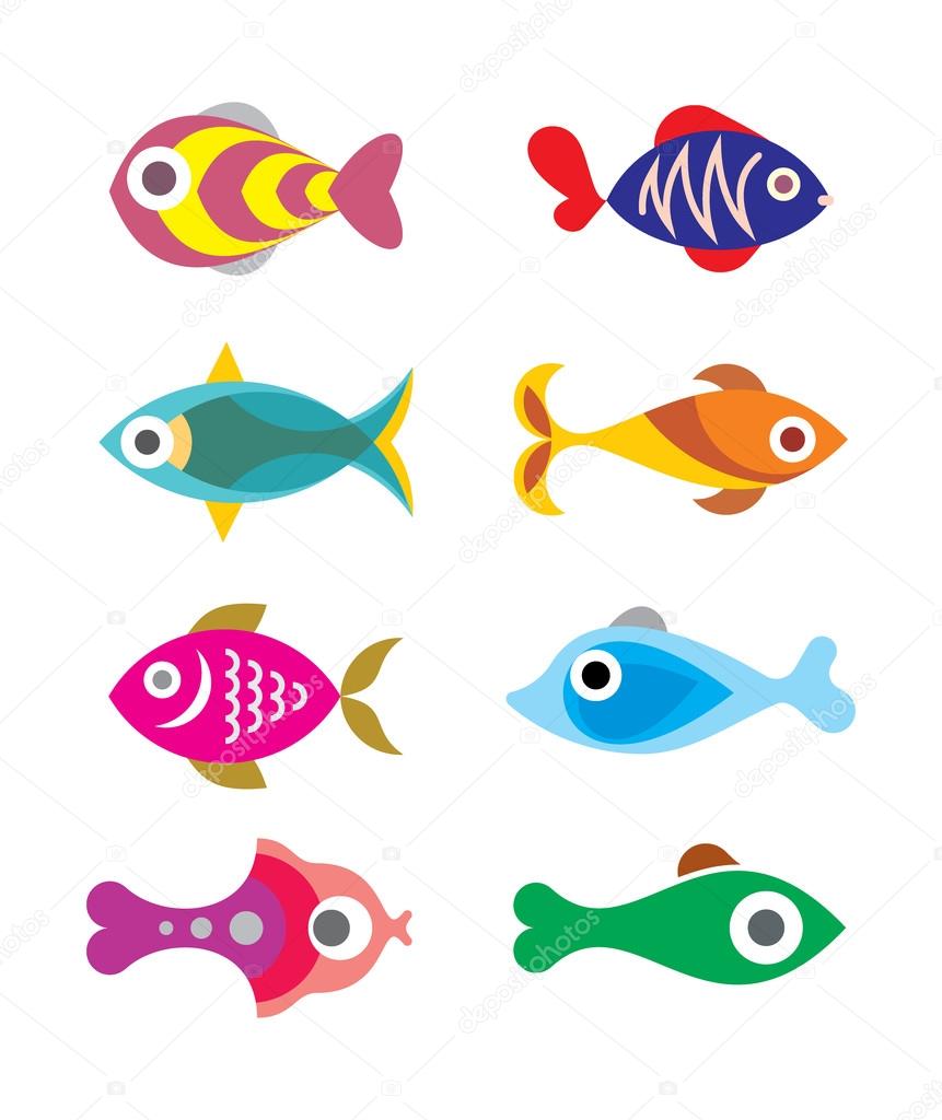 Aquarium Exotic Fishes - set of color vector icons. Isolated on white background.