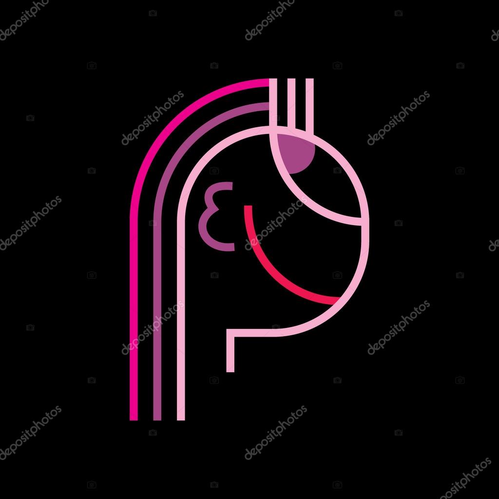 Profile portrait of beautiful young woman. Neon light vector icon on black background. Can be used as logo.