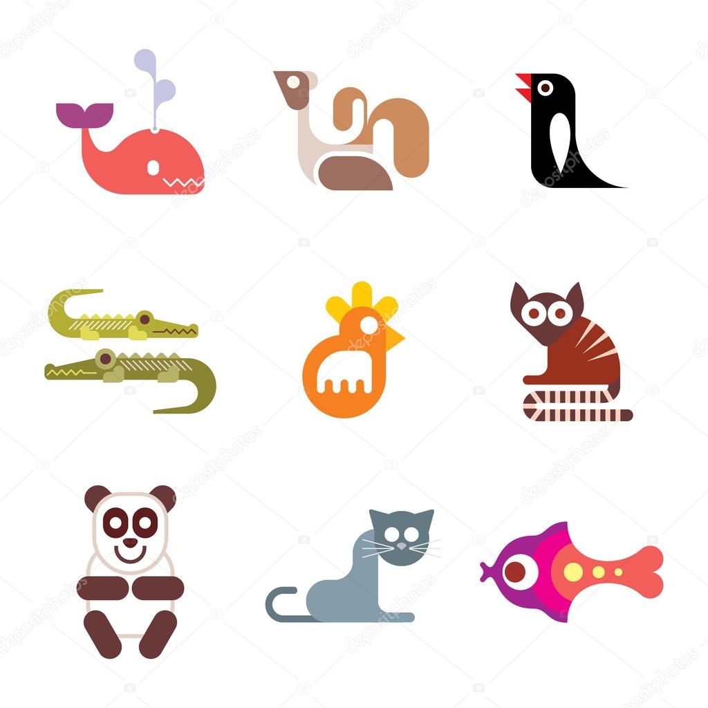 Animals, fishes and birds - set of colorful vector icons. Isolated on white background. Can be used as logo.