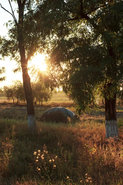 Haystack on autumn sunset — Stock Photo, Image