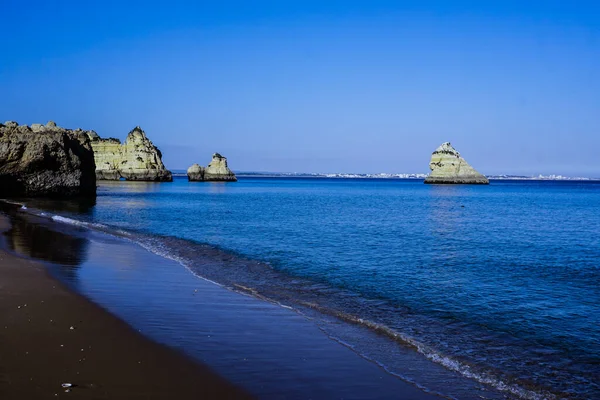 Krásný Záliv Blízkosti Města Lagos Region Algarve Portugalsko Písečná Pláž — Stock fotografie