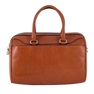 Beyaz arka planda kahverengi kadın deri çanta.