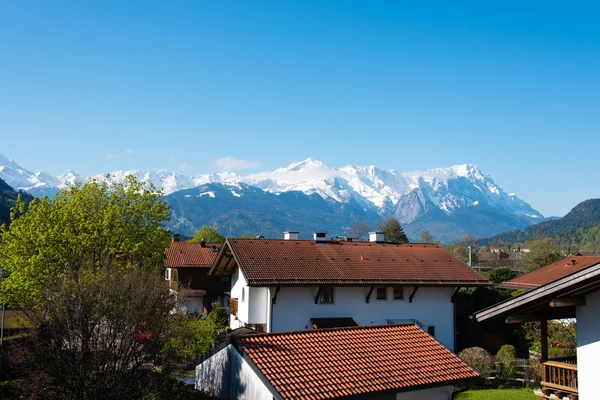 Panoramatický pohled zasněžené vrcholky hor v pozadí a nádherné krajiny údolí v Alpách s svěží zelené louky a kvetoucí květiny na slunečný den s modrá obloha a mraky v jarní — Stock fotografie