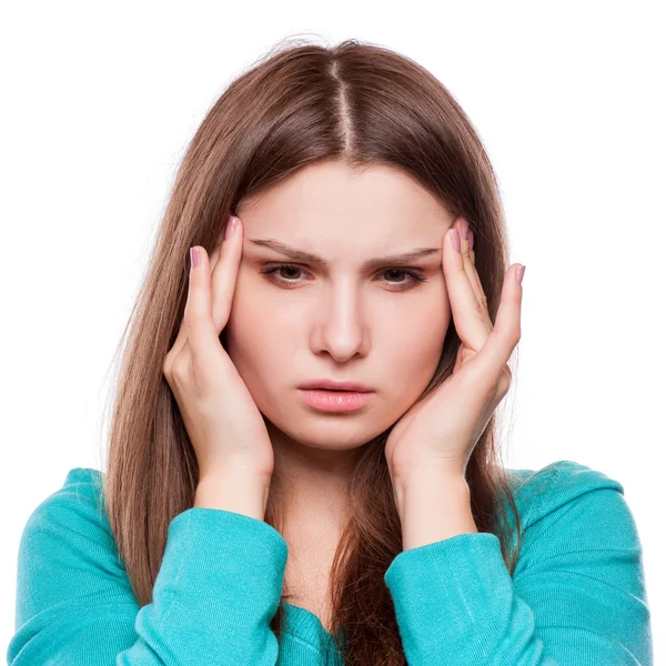 Mujer con dolor de cabeza, migraña, estrés, insomnio, resaca —  Fotos de Stock