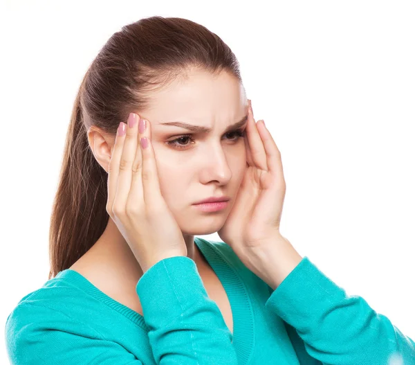 Woman with headache, migraine, stress, insomnia — Stock Photo, Image