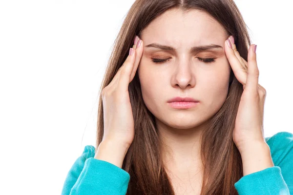 Mujer con dolor de cabeza, migraña, estrés, insomnio —  Fotos de Stock