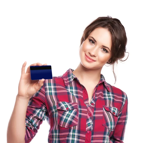 Mujer feliz de compras con una tarjeta de crédito - aislado sobre blanco — Foto de Stock