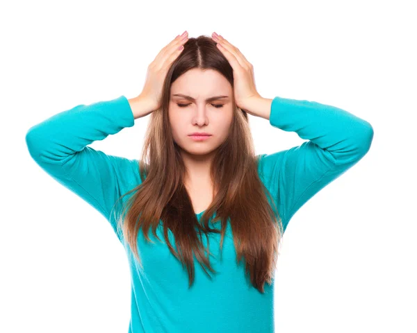 Frau mit Kopfschmerzen, Migräne, Stress, Schlaflosigkeit, Kater — Stockfoto