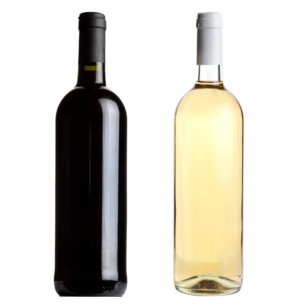 Botellas de vino tinto y blanco sobre fondo blanco Imágenes de stock libres de derechos