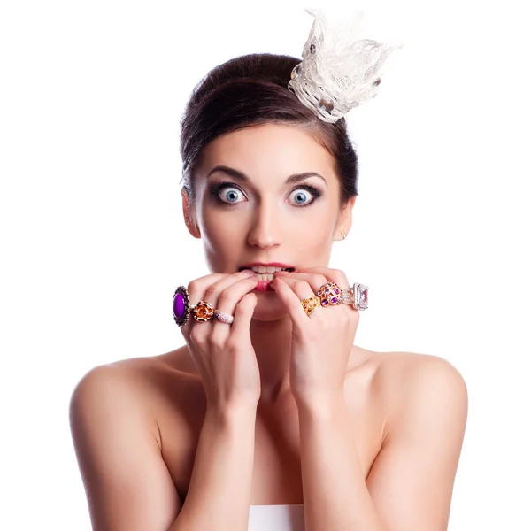 Beauty Girl Portrait with Colorful Makeup, Nail polish and Accessories. Colourful Studio Shot of Funny Woman. Vivid Colors. Colourful Manicure and fashion Hairstyle. Rainbow Colors. Beautiful lady Royalty Free Stock Photos