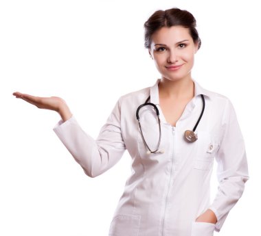 bir şey üzerinde ellerini tutan güzel başarılı kadın doktor