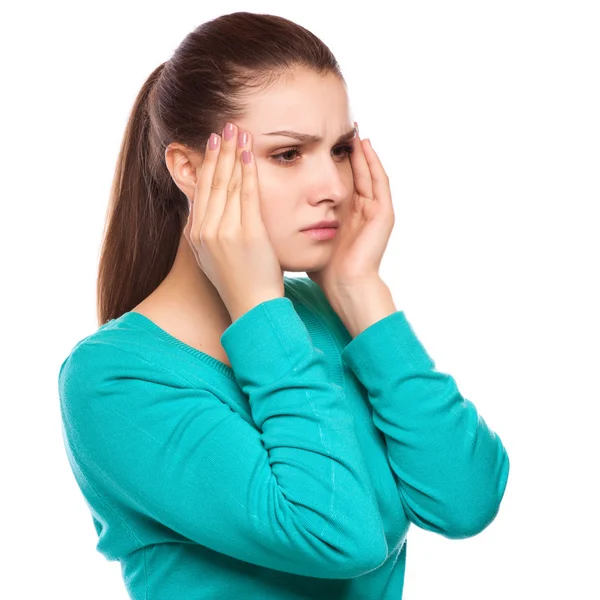 Dolor de cabeza. Mujer con dolor de cabeza. Enfermo. Gripe —  Fotos de Stock