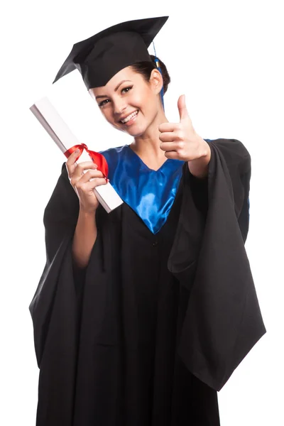 Jovem mulher faculdade pós-graduação retrato vestindo boné e vestido com diploma isolado no fundo branco — Fotografia de Stock