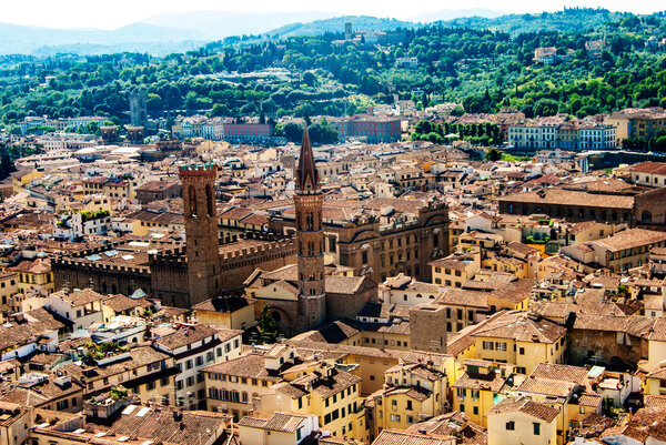 Florence, Italy. Cityscape with tiled roofs and Palazzo Vecchio in the distance