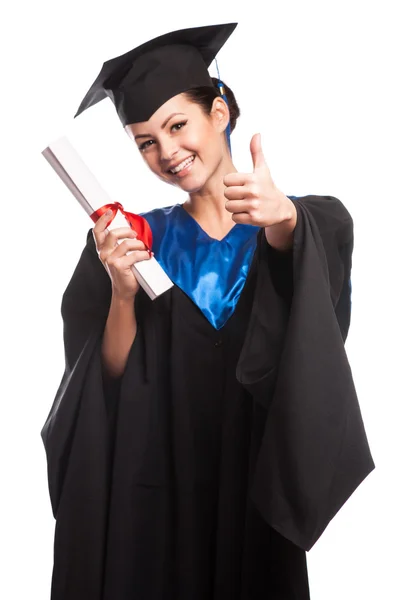 Giovane donna laureata ritratto indossare cappello e abito con diploma isolato su sfondo bianco Foto Stock