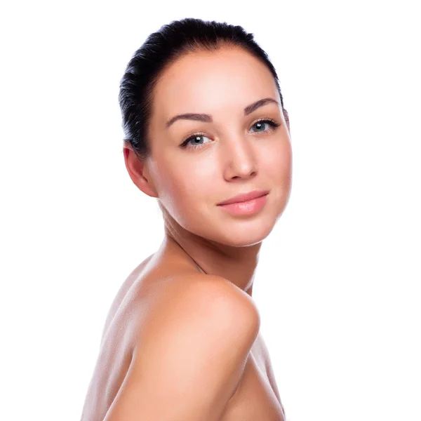 Bonita cara de hermosa mujer sonriente posando en el estudio isolat — Foto de Stock